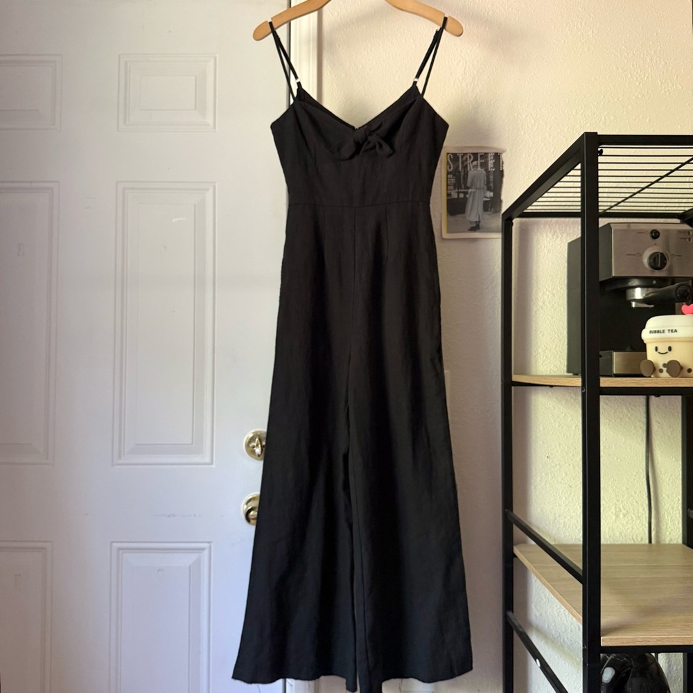 MIJAH black linen tie front sleeveless‎ cropped raw hem jumpsuit